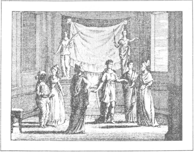 Schwarze und weiße Zeichnung einer Gruppe von Menschen, die vor einer Bühne mit einem drapierten Tuch und Fenstern im Hintergrund stehen, mit der Beschriftung "Das Theater der Oper" unten.