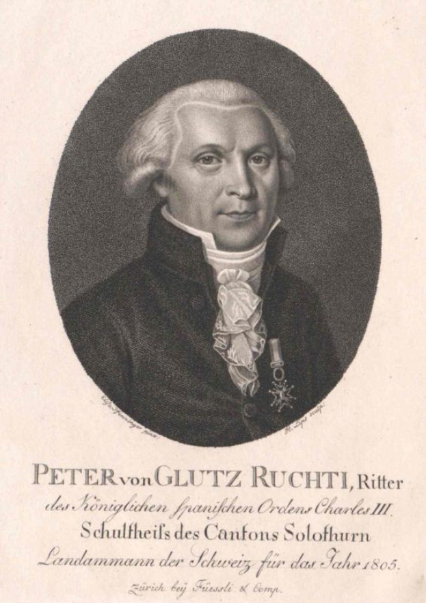 Schwarz-weiß-Porträt von Peter von Glutz Ruchti, einem deutschen Komponisten, der einen schwarzen Mantel trägt, mit Text am unteren Bildrand.