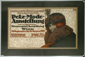 Ein Plakat für ein Wintersport-Event in Wien, Österreich, mit einer lachenden Frau in einem Pelzmantel und Hut, sowie Text mit Event-Informationen.