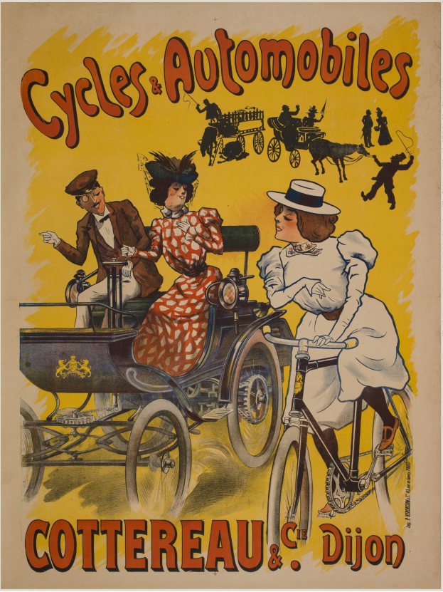 Plakat, das Fahrräder und Automobile in Cottereau und Dijon, Frankreich, mit Menschen auf Fahrrädern und einer Kutsche anzeigt, und der Text "Fahrräder und Automobile" oben.