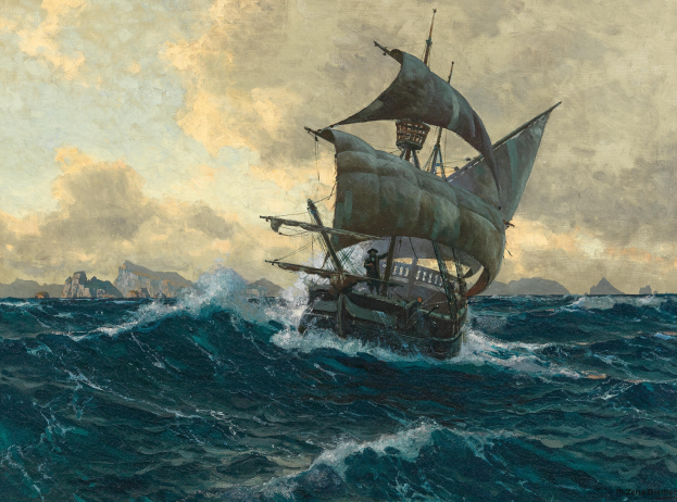 Ein Bild namens "Das Piratenschiff" von Edward Henry Potthast, das ein Piratenschiff auf dem Meer mit Menschen an Bord zeigt, umgeben von Felsen und einem bewölkten Himmel.