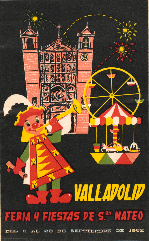 Ein buntes Faschingsplakat mit einem Gebäude, einem Riesenrad, einem Spielzeug und Text, das eine Faschingsveranstaltung in Valladolid, Spanien, ankündigt.