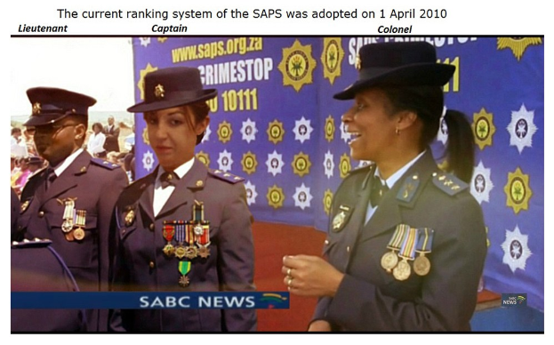 Gruppe von Menschen in Uniformen und Hüten, die vor einem Banner mit Text über und unter dem Banner stehen, auf dem steht "Das aktuelle Ranglistensystem der SAP wurde am 1. April 2010 übernommen".