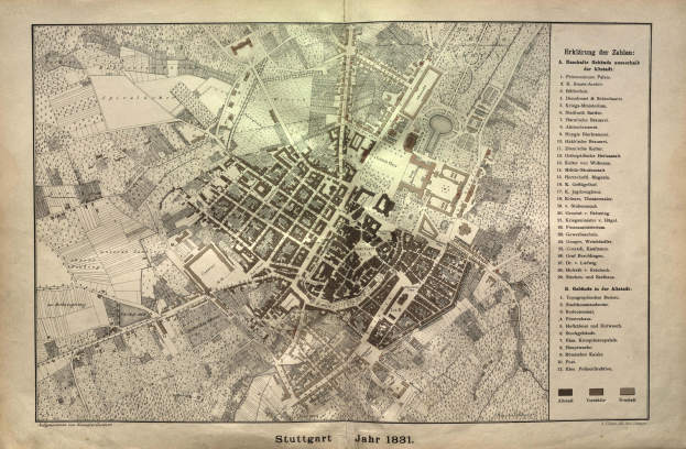 Ein detailliertes 1881-Karte von Stuttgart, Deutschland, mit Text, der einen Überblick über den Bereich bietet.