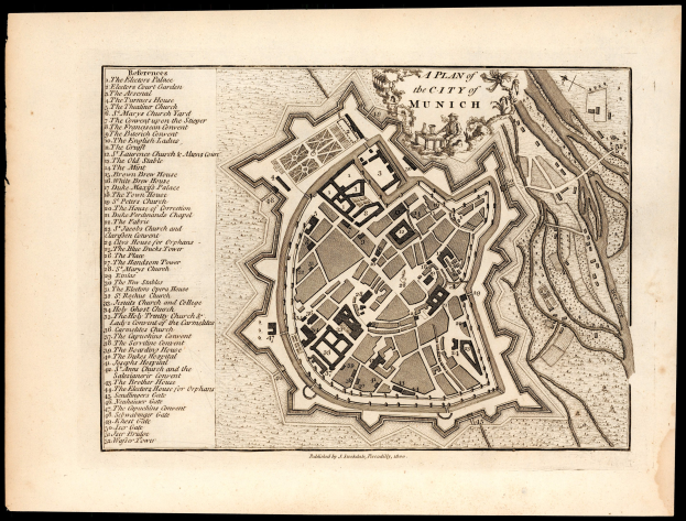Alte detaillierte Karte von München, Deutschland, mit Straßen, Gebäuden und Sehenswürdigkeiten auf schwarzem Hintergrund.