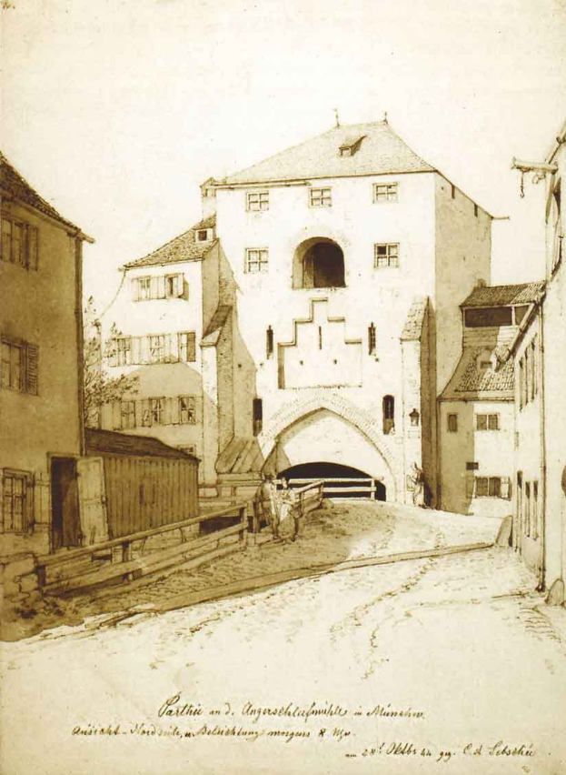 Alte Druckgrafik einer Straßenszene in München, Deutschland, mit einem Schloss im Hintergrund, Gebäuden mit Fenstern, einem Baum und einem Himmel, gedruckt von Carl Friedrich Lechthuis im Jahr 1839.