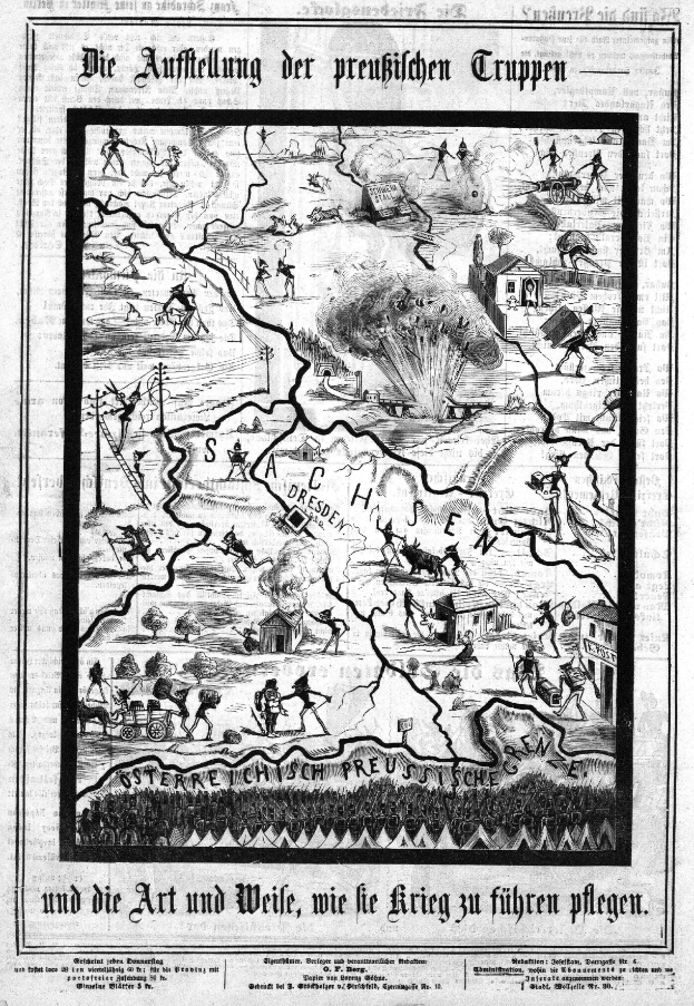 Eine Schwarz-Weiß-Zeichnung einer detaillierten Karte von Deutschland auf einer alten Zeitung, die geographische Merkmale wie Berge, Flüsse und Städte zeigt, mit Text drumherum.