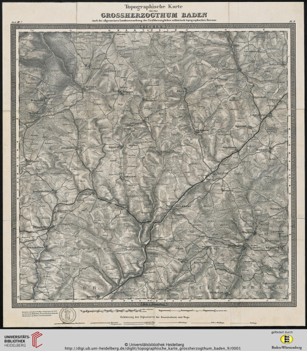 Ein gerahmter topografischer Stadtplan von Baden-Württemberg, Deutschland, der Geländekonturen, Höhenmeter und geografische Merkmale mit Textbeschriftungen zeigt.