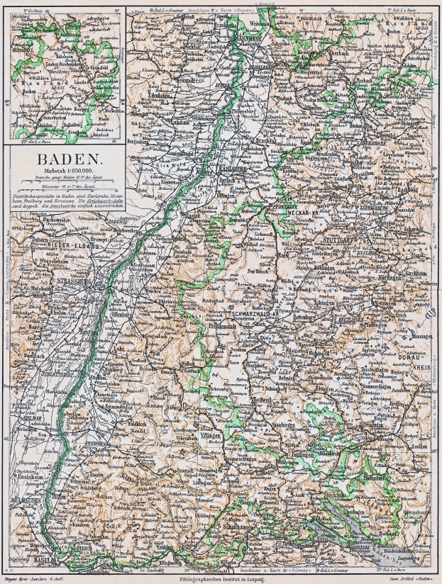 Detailierte alte Karte von Baden-Württemberg, Deutschland, mit Straßen, Städten und geografischen Merkmalen, mit Text oben und unten auf dem Papier.