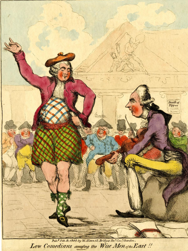 Zeichnung eines Mannes in einem Kilt und einer Frau in einem Kleid, die vor einem Gebäude für eine Menge auftreten, mit Text unten, der "Low Comedians Amusing the Wise Men of the East" lautet.