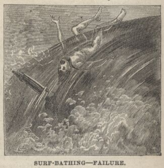 Eine Zeichnung auf einem Blatt Papier mit zwei verzweifelten Schwimmern in aufgewöltem Wasser, über dem eine tiefe blaue Himmelsfarbe zu sehen ist, mit der ölten Schrift "Surf-Bad-Fiasko" darunter.