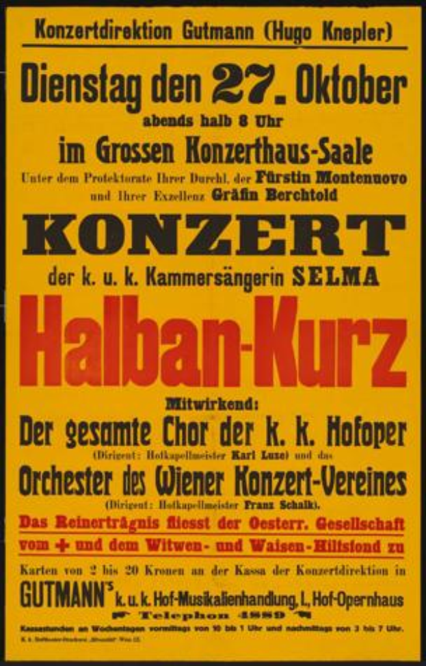 Ein gelbes Plakat wirbt für ein Konzert in Berlin, Deutschland, mit der Aufschrift "Konzert Halban-Kurz."