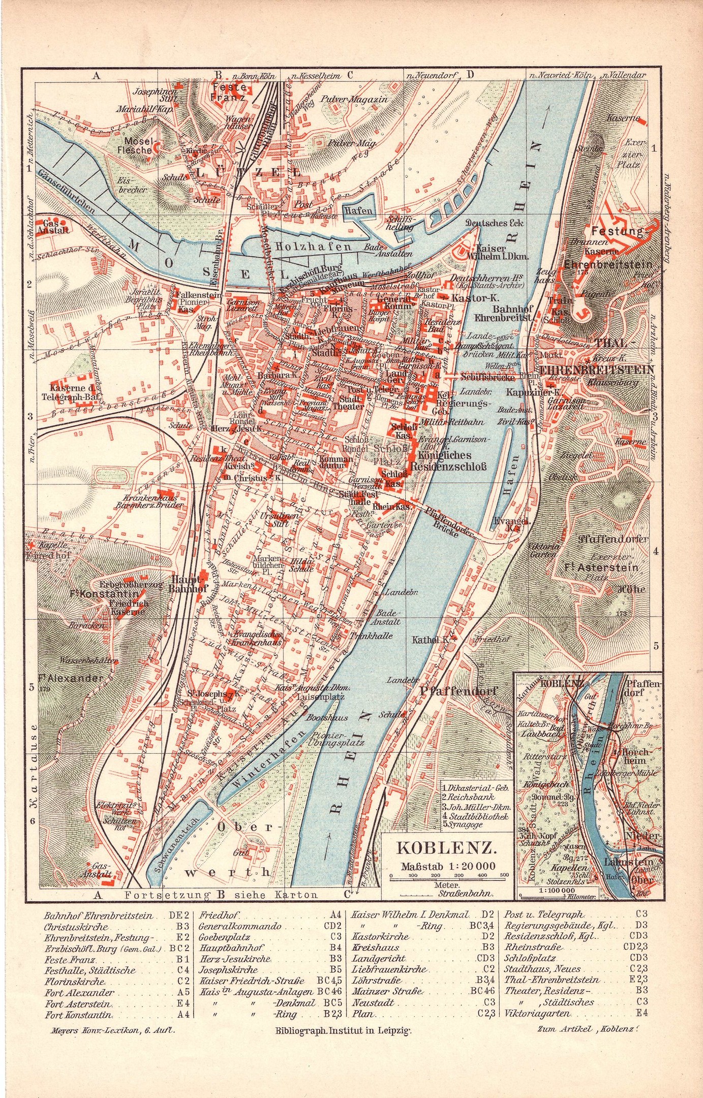 Detailiertes altes Stadtplan von Koblenz, Deutschland, zeigt Straßen, Gebäude und Sehenswürdigkeiten mit Text unten.