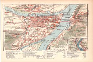Detailiertes altes Stadtplan von Koblenz, Deutschland, zeigt Straßen, Gebäude und Sehenswürdigkeiten mit Text unten.