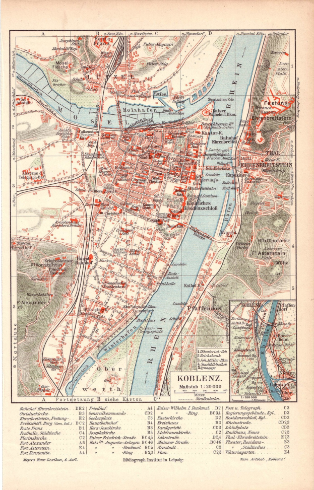 Detailiertes altes Stadtplan von Koblenz, Deutschland, zeigt Straßen, Gebäude und Sehenswürdigkeiten mit Text unten.