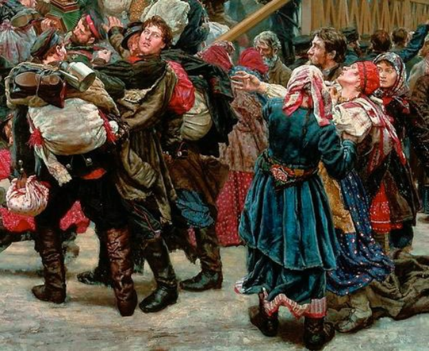 Gem├Ąlde, das eine lebhafte Szene von Menschen zeigt, die in traditioneller russischer Kleidung w├Ąhrend der russischen Revolution tanzen, mit einigen, die Gegenst├Ąnde halten, vor einer Menge und einem h├Âlzernen Haus.
