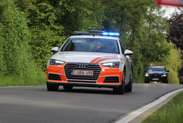 Polizeifahrzeug (Audi A4) auf grasbewachsener Straße mit zwei Insassen, umgeben von Bäumen unter einem klaren blauen Himmel.
