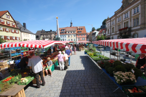 Ein belebter Markt im historischen Zentrum von Heidelberg, Deutschland, mit Menschen, die spazieren gehen, auf Bänken sitzen und in der Nähe von Zelten, Tischen mit Körben voller Gemüse und Gebäuden mit Fenstern, Bäumen und einem klaren blauen Himmel im Hintergrund.
