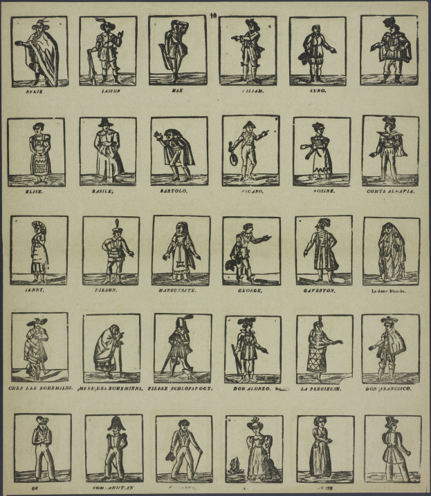 Ein Buchumschlag mit einem Raster aus verschiedenen Personen in unterschiedlichen Kostümen und Frisuren, mit Text in fetter Schrift.