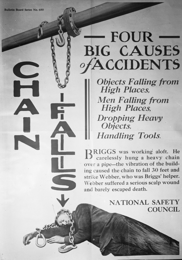 Schwarzes und weißes Plakat mit der Aufschrift "Vier große Unfallursachen" und einem Bild einer Person auf einem Pfahl mit Ketten.