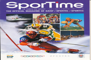 Magazinumschlag betitelt "Sporttime Magazine - März 1996" mit Bildern von Menschen, die Ski fahren und Snowboarden, sowie Text und Logos.