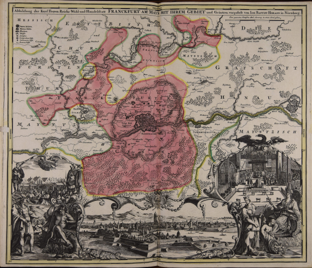 Ein altes Buch mit einer zentralen Deutschlandkarte, umgeben von Illustrationen und Text, strahlt einen klassischen und zeitlosen Stil aus.