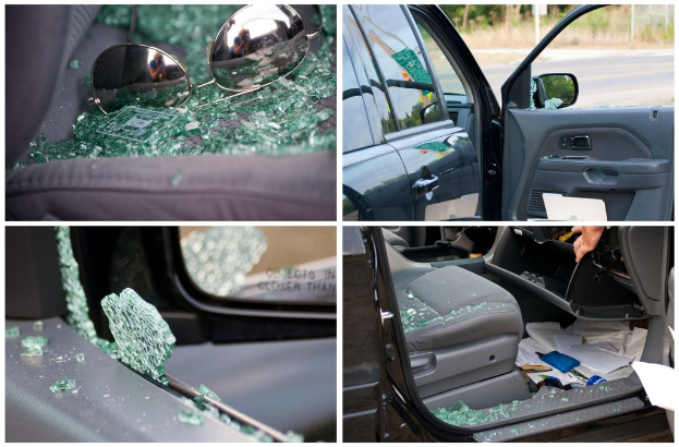 Eine Collage aus vier Bildern: Brille auf Glasscherben, Seitenansicht eines Autos, zerbrochenes Autofenster und Autositz mit Glasscherben.