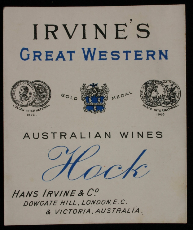 Plakat, das Irvine's Great Western Australian Wines Hock bewirbt, mit Firmenlogos und Text, der verschiedene Weinarten angibt.