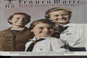 Titelbild einer alten deutschen Zeitschrift namens 'Frauenwarte' mit einem Schwarz-Weiß-Foto von drei lachenden Menschen - einem Mann und zwei Frauen - die gemeinsam posieren, wobei der Text darauf hinweist, dass es sich um den 'Deutschen Zweiten Weltkrieg' handelt.