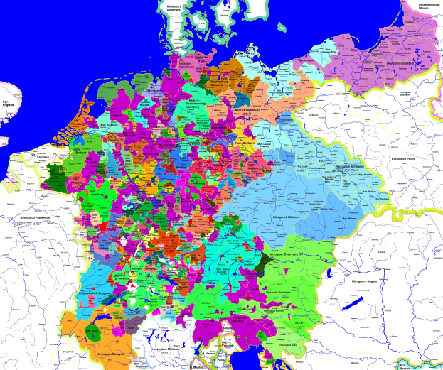 Eine politische Karte von Deutschland, die Bundesländer, ihre Hauptstädte und Staaten mit ihren Hauptstädten zeigt, wobei jeder Bereich anders gefärbt ist.