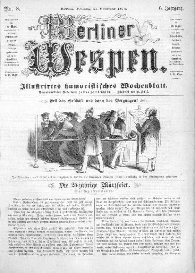 Alte deutsche Zeitung "Berliner Wespen" vom 21. Februar 1873 mit einer Gruppe von Menschen in traditioneller deutscher Tracht, die sich unterhalten, und deutscher Text, der das Ereignis wahrscheinlich beschreibt.