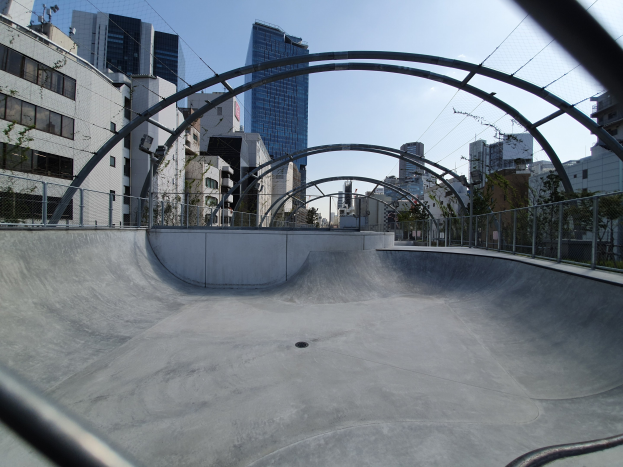 Ein Skatepark mit einer zentralen Metallstruktur, umgeben von einem Zaun und Bäumen, vor Buildings und einem klaren blauen Himmel.