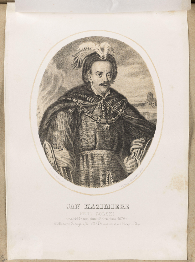 Porträt von Jan Kazimierz, König von Polen, der eine Krone trägt und ernst dreinschaut, mit Text am unteren Bildrand.