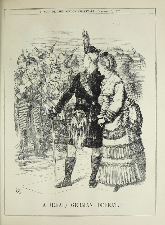 Ein Mann und eine Frau stehen auf einem Papier mit Wörtern und Zahlen, möglicherweise eine deutsche Niederlage anzeigend, während der Mann einen Stock hält und sie eine Menge anblicken.