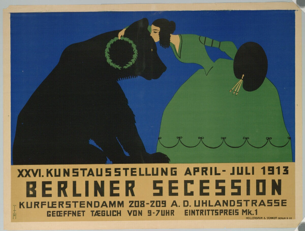 Ein Vintage-Plakat für die Berliner Secession im Jahr 1913, das eine Frau mit einem Hund zeigt und Text mit Veranstaltungseinzelheiten enthält.