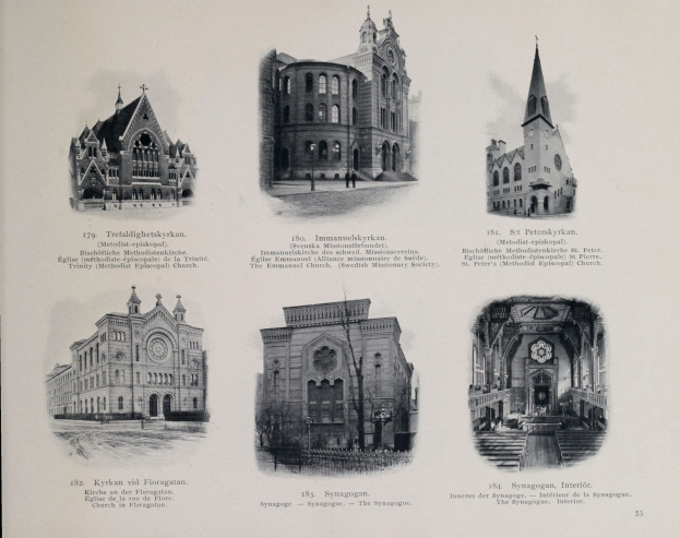 Schwarzes und weißes Foto von sechs verschiedenen Gebäuden mit einzigartigen Architekturstilen, begleitet von beschreibendem Text.