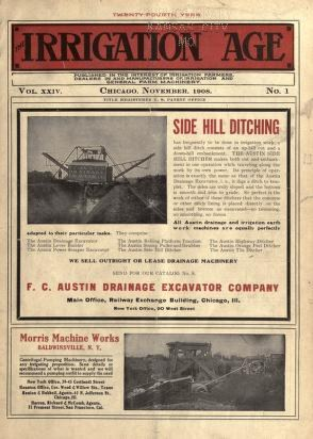 Schwarze und weiße Zeitung vom 1. November 1908 mit der Überschrift "Irrigation Age", die ein zentrales Bild eines Traktors zeigt, umgeben von anderen Maschinenillustrationen.