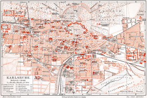 Ein detaillierter Stadtplan von Karlsruhe, Deutschland aus dem Jahr 1900 mit Text und umfassender Stadtlayout.