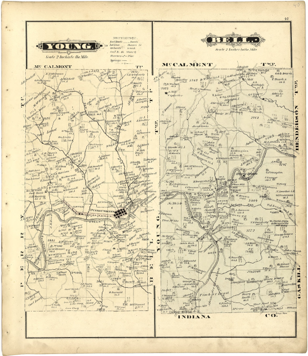 Detailierte alte Karte von Young, Indiana, zeigt Straßen, Gebäude und Sehenswürdigkeiten.