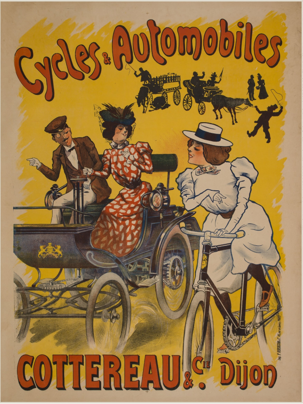 Ein Vintage-Plakat für Fahrräder und Automobile in Cottereau und Dijon, Frankreich, mit Menschen auf Fahrrädern und einer Kutsche mit der Aufschrift "Fahrräder und Automobile" oben.