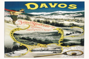 Ein Vintage-Plakat, das das Skigebiet Davos in der Schweiz bewirbt, zeigt einen Skifahrer vorne mit Bäumen, Häusern und Bergen im Hintergrund sowie beschreibendem Text.