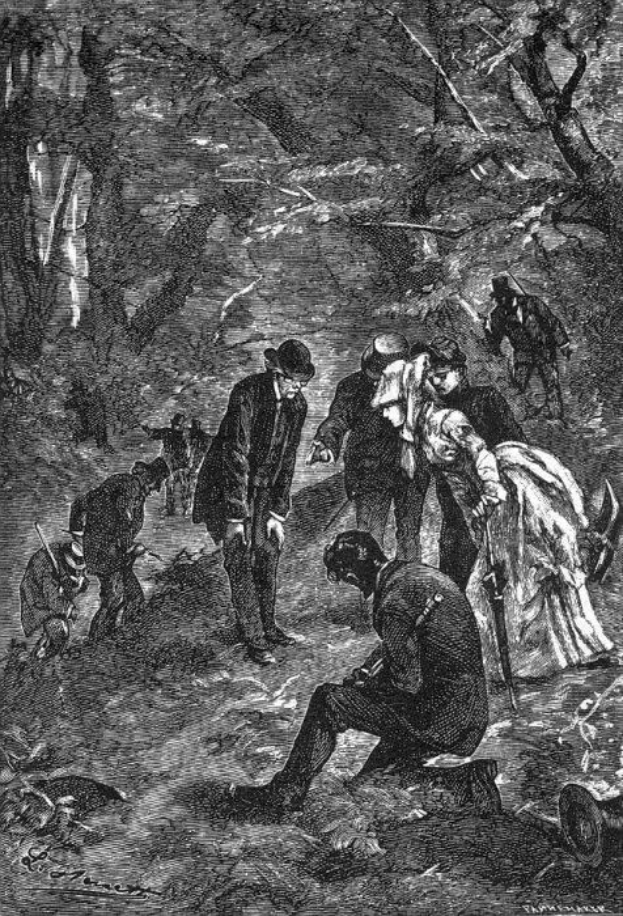 Schwarz-weiß-Illustration einer Gruppe von Menschen in einem bewaldeten Gebiet mit Text unten, der "Victorian illustration of the murder of a woman" lautet.