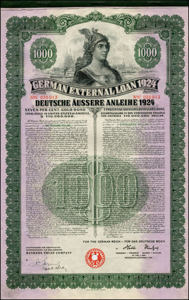 Deutsches Auslandsdarlehen-Zertifikat von 1924 mit Abbildung einer Frau, gedrucktem Text und numerischen Denominationen.