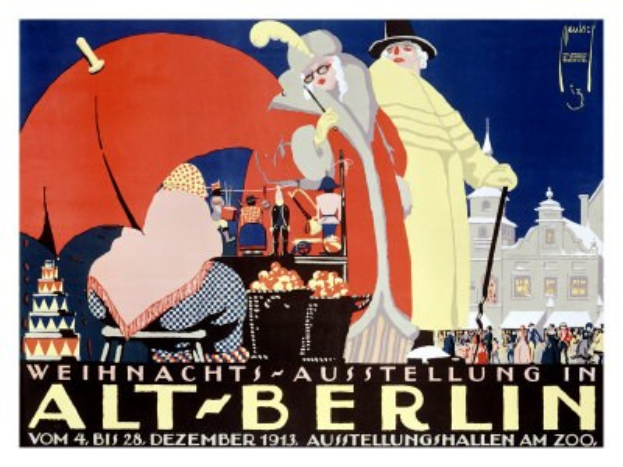 Plakat, das eine Weihnachtsausstellung in Alt-Berlin ankündigt, mit bunten Illustrationen von Menschen und Gebäuden und dem Text "Weihnachtsausstellung in Alt-Berlin" oben drauf.
