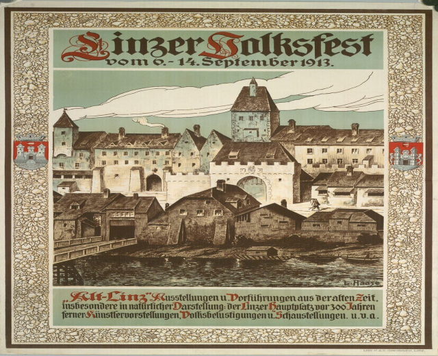 Alter deutscher Festivalplakat mit einem Schloss und Häusern, das Text über das Ereignis enthält.