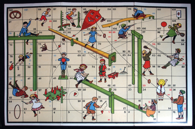 Ein Brettspiel mit dunklem Hintergrund, das Zahlen und Cartoon-Abbildungen von spielenden Kindern zeigt.