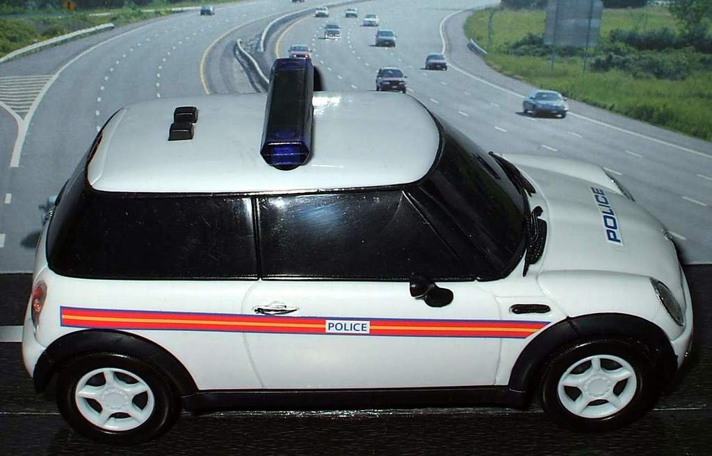 Ein weißes Polizeiauto steht im Vordergrund mit mehreren Autos, die sich auf der Straße dahinter bewegen, umgeben von Gras und Bäumen auf beiden Seiten in einer ländlichen Umgebung.