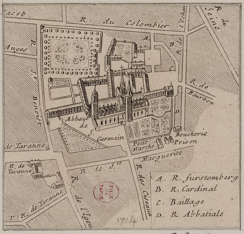 Alte Stadtkarte mit einem zentralen Gebäude und handgeschriebener Text auf altem Papier.