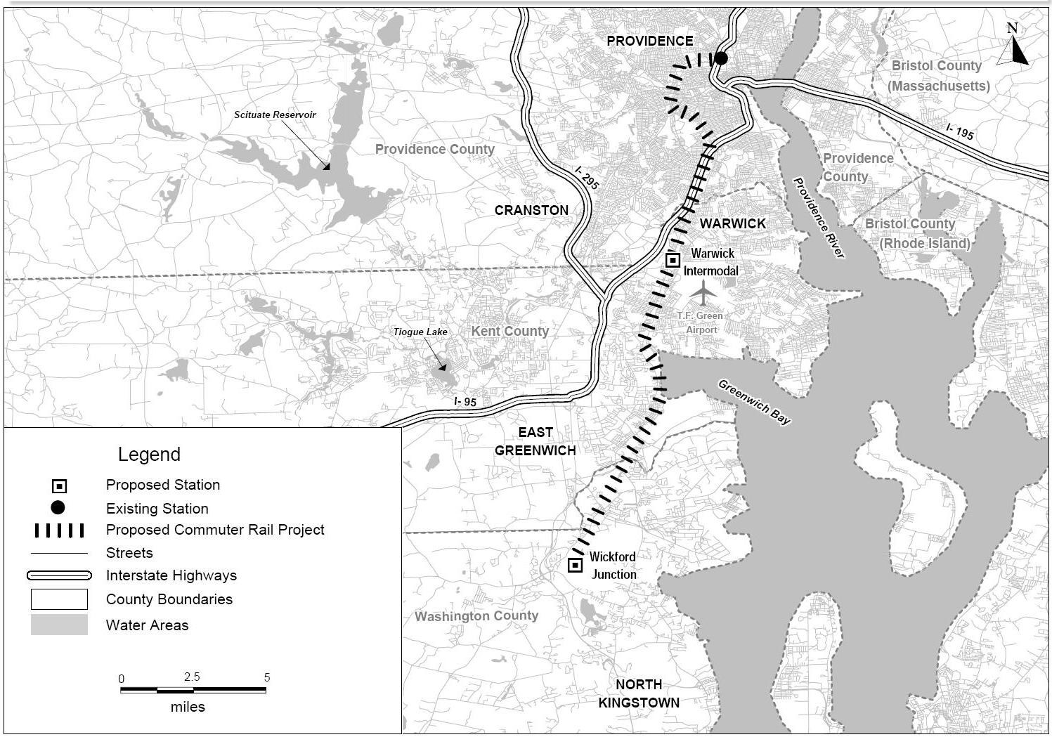Schwarz-weiß-Karte einer Stadt mit einem Fluss, Straßen und Autobahnen, links beschriftet mit "Vorgeschlagenes S-Bahn-Projekt".