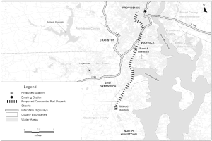 Schwarz-weiß-Karte einer Stadt mit einem Fluss, Straßen und Autobahnen, links beschriftet mit "Vorgeschlagenes S-Bahn-Projekt".